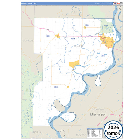 Phillips County, AR Business Reference 5 Digit ZIP Code Wall Map