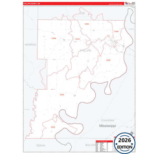 Phillips County, AR Red Line 5 Digit ZIP Code Wall Map