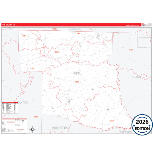 Pike County, AR Red Line 5 Digit ZIP Code Wall Map