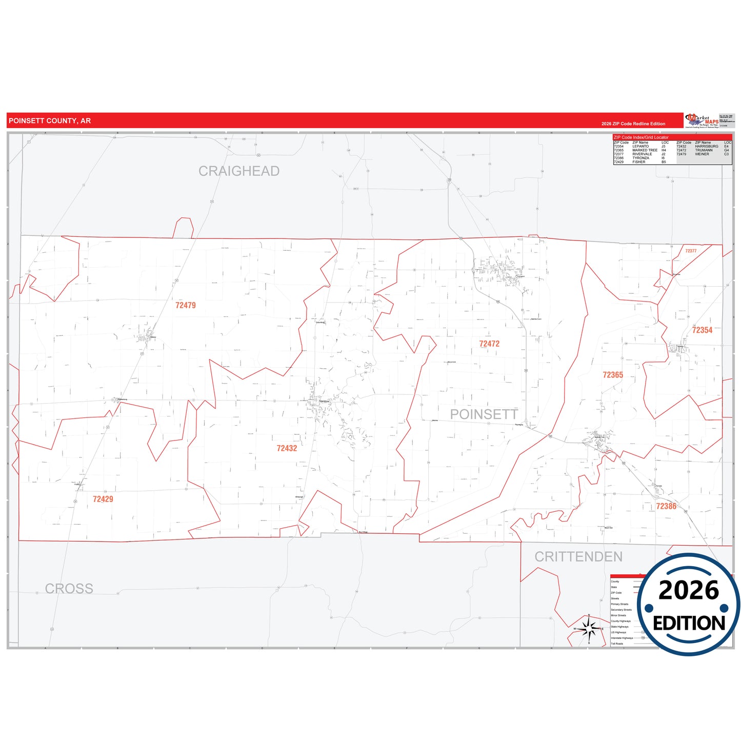 Poinsett County, AR Red Line 5 Digit ZIP Code Wall Map
