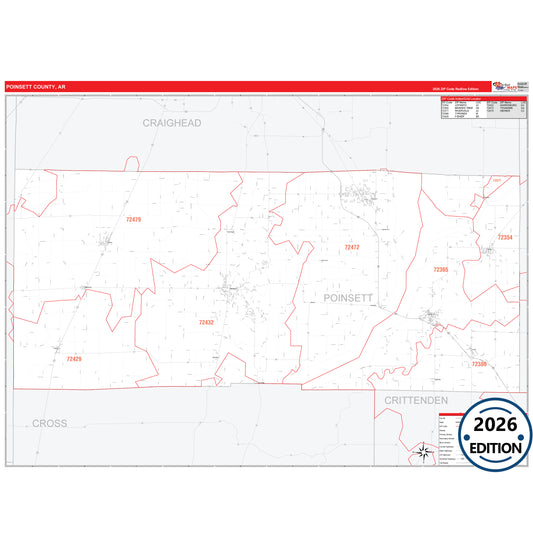 Poinsett County, AR Red Line 5 Digit ZIP Code Wall Map