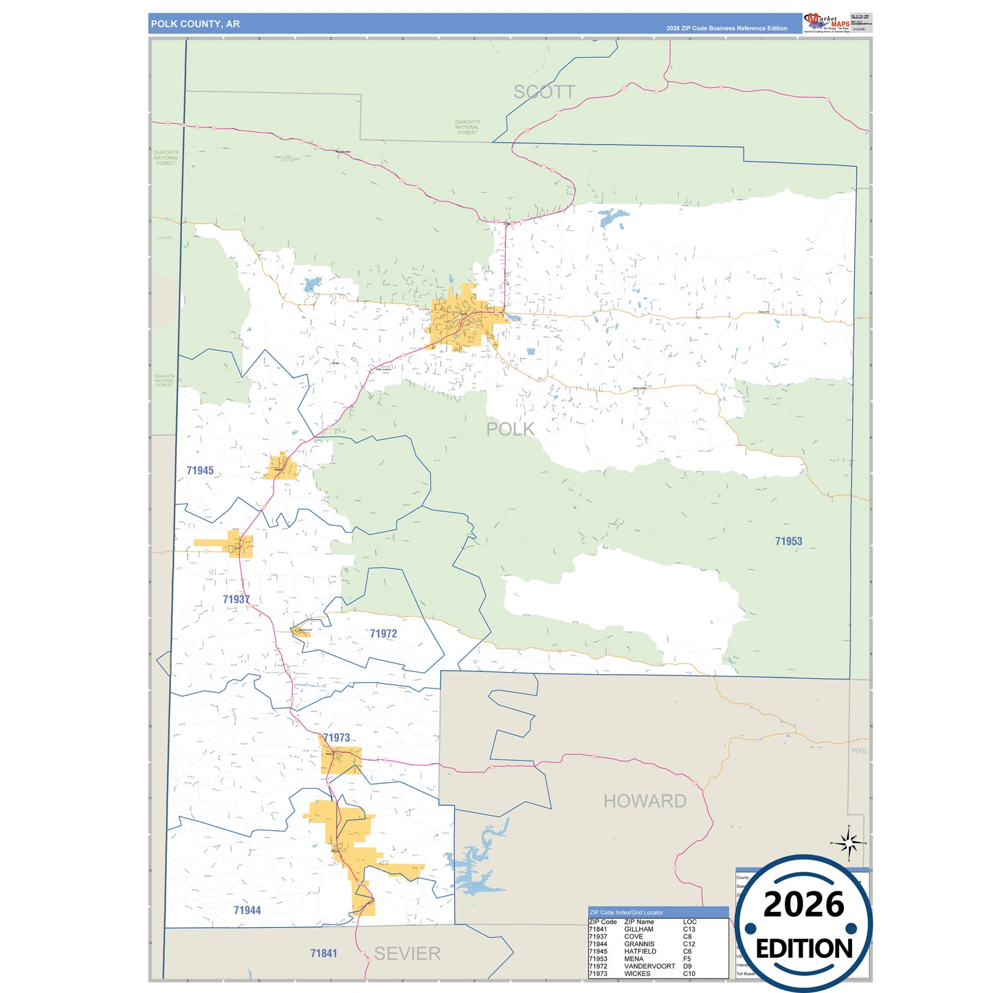 Polk County, AR Business Reference 5 Digit ZIP Code Wall Map