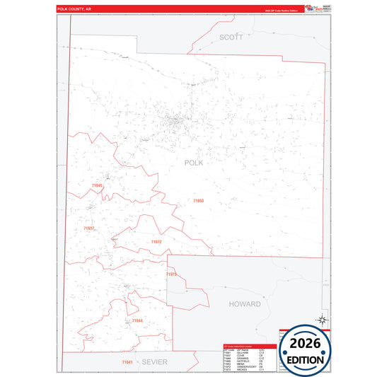 Polk County, AR Red Line 5 Digit ZIP Code Wall Map