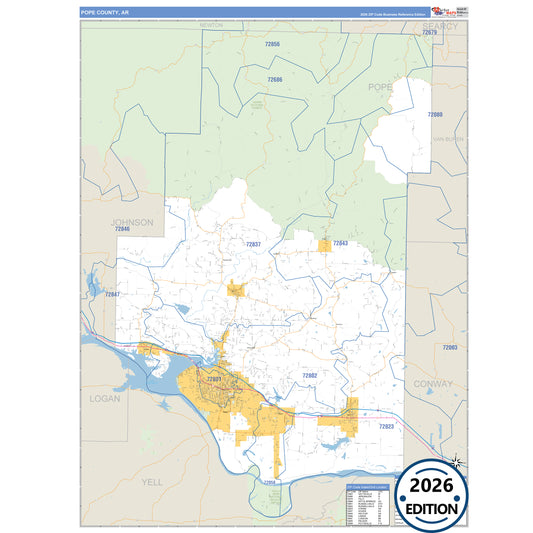 Pope County, AR Business Reference 5 Digit ZIP Code Wall Map