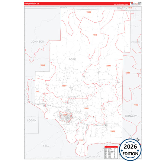Pope County, AR Red Line 5 Digit ZIP Code Wall Map