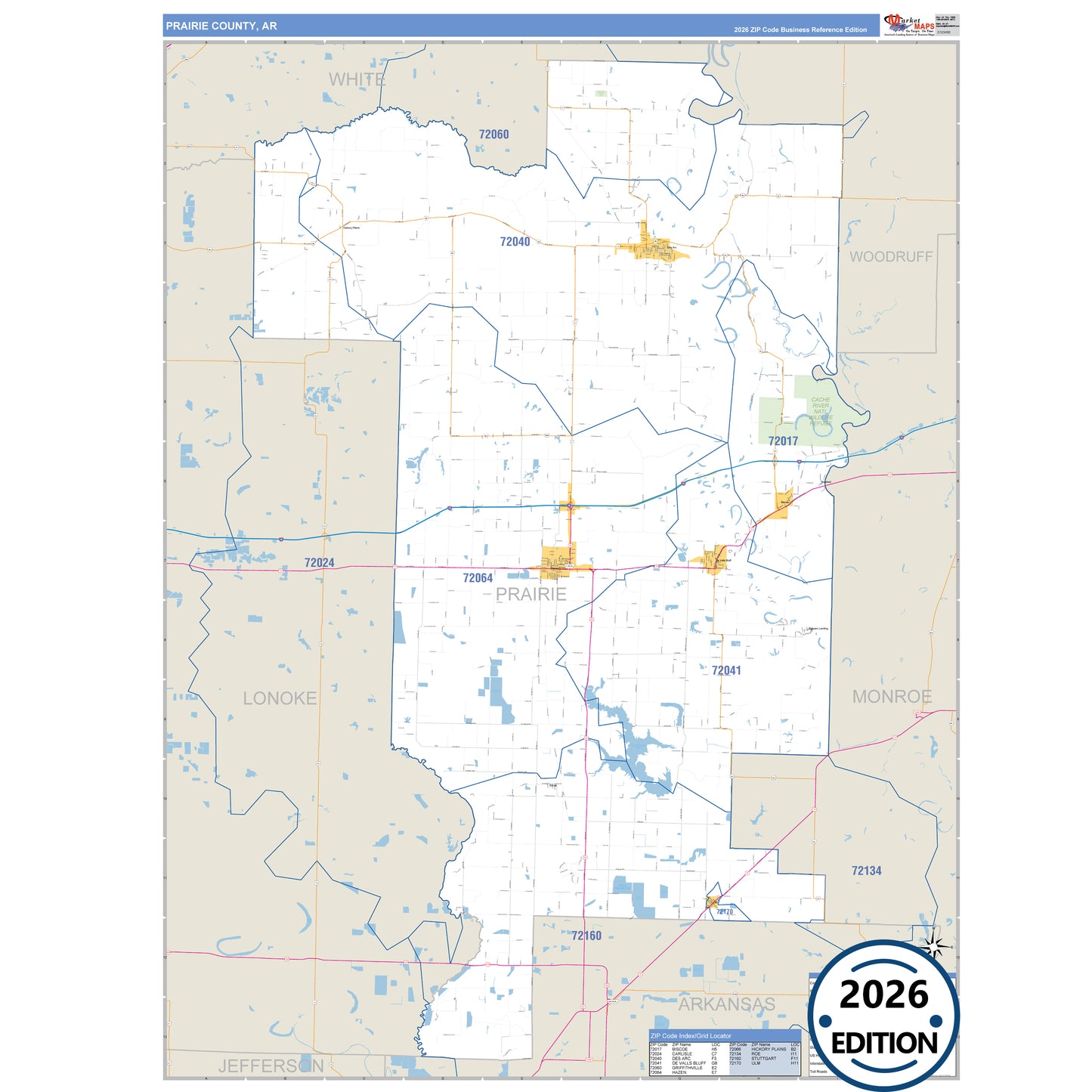 Prairie County, AR Business Reference 5 Digit ZIP Code Wall Map