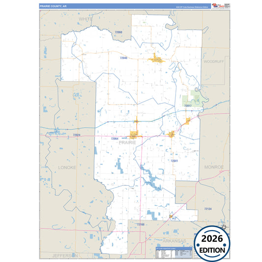 Prairie County, AR Business Reference 5 Digit ZIP Code Wall Map