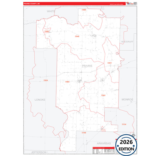 Prairie County, AR Red Line 5 Digit ZIP Code Wall Map