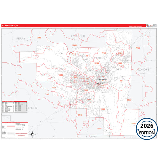 Pulaski County, AR Red Line 5 Digit ZIP Code Wall Map