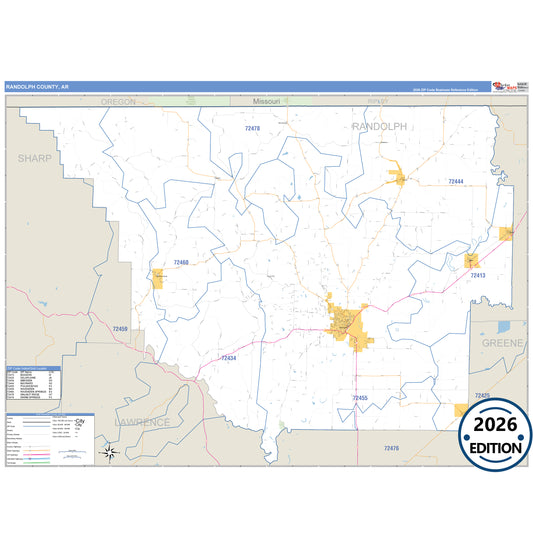 Randolph County, AR Business Reference 5 Digit ZIP Code Wall Map