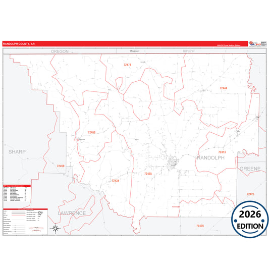 Randolph County, AR Red Line 5 Digit ZIP Code Wall Map