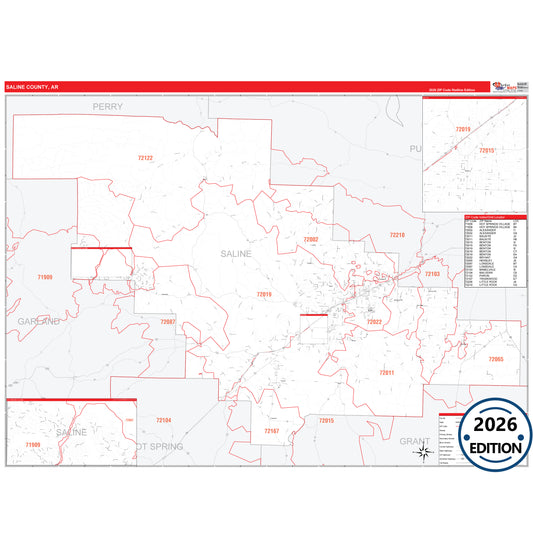 Saline County, AR Red Line 5 Digit ZIP Code Wall Map