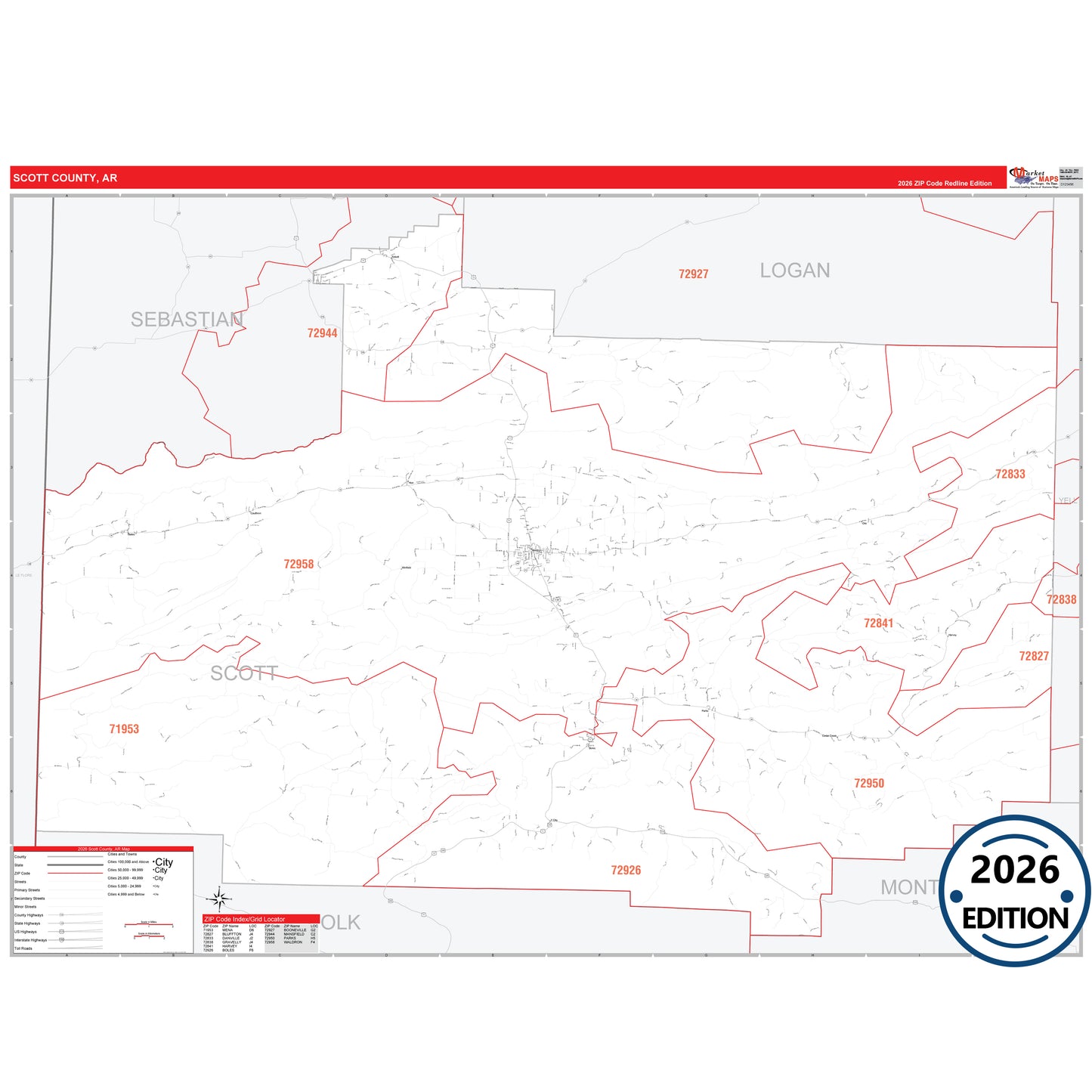 Scott County, AR Red Line 5 Digit ZIP Code Wall Map