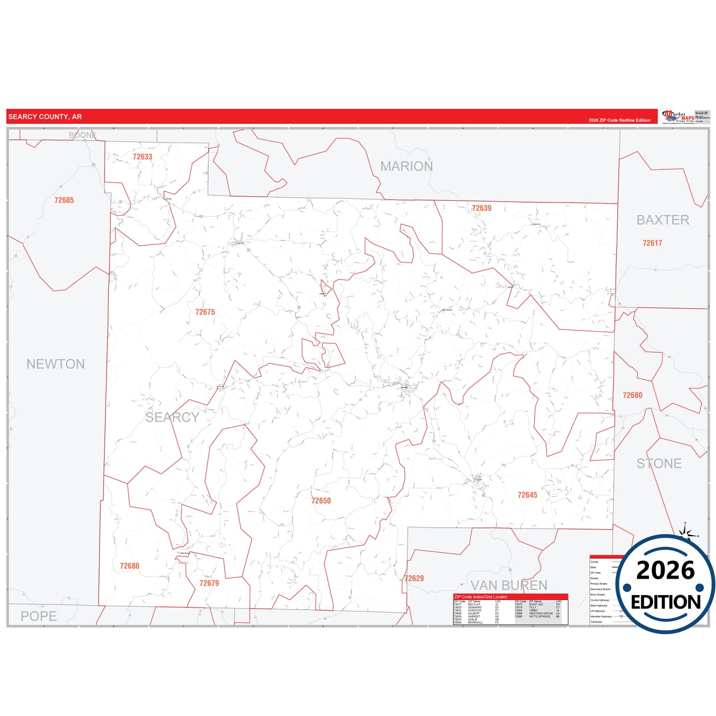 Searcy County, AR Red Line 5 Digit ZIP Code Wall Map