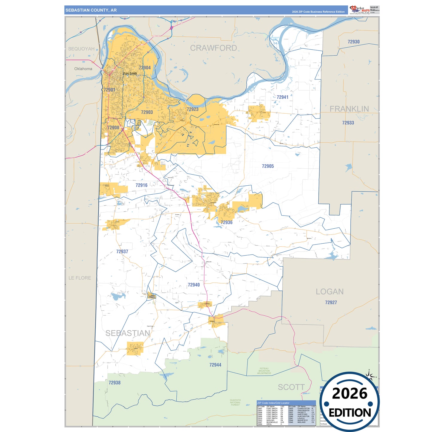 Sebastian County, AR Business Reference 5 Digit ZIP Code Wall Map