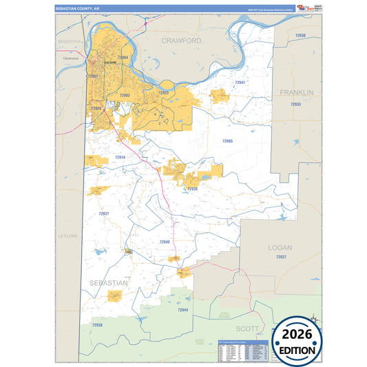 Sebastian County, AR Business Reference 5 Digit ZIP Code Wall Map