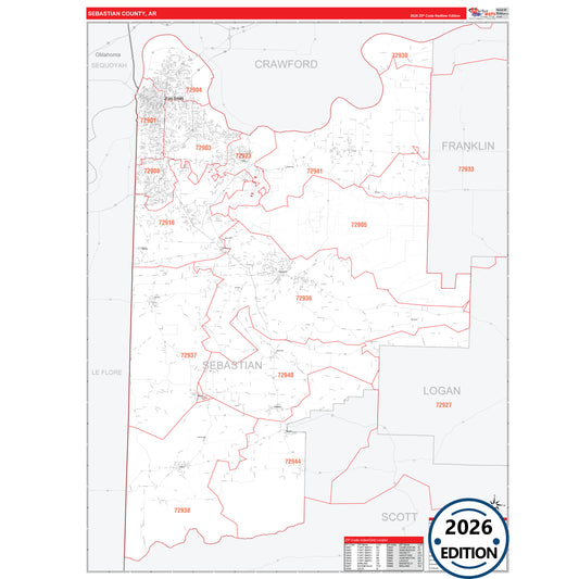 Sebastian County, AR Red Line 5 Digit ZIP Code Wall Map