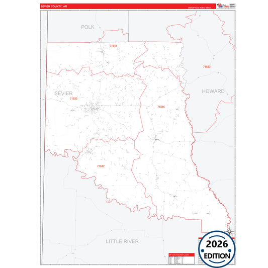 Sevier County, AR Red Line 5 Digit ZIP Code Wall Map