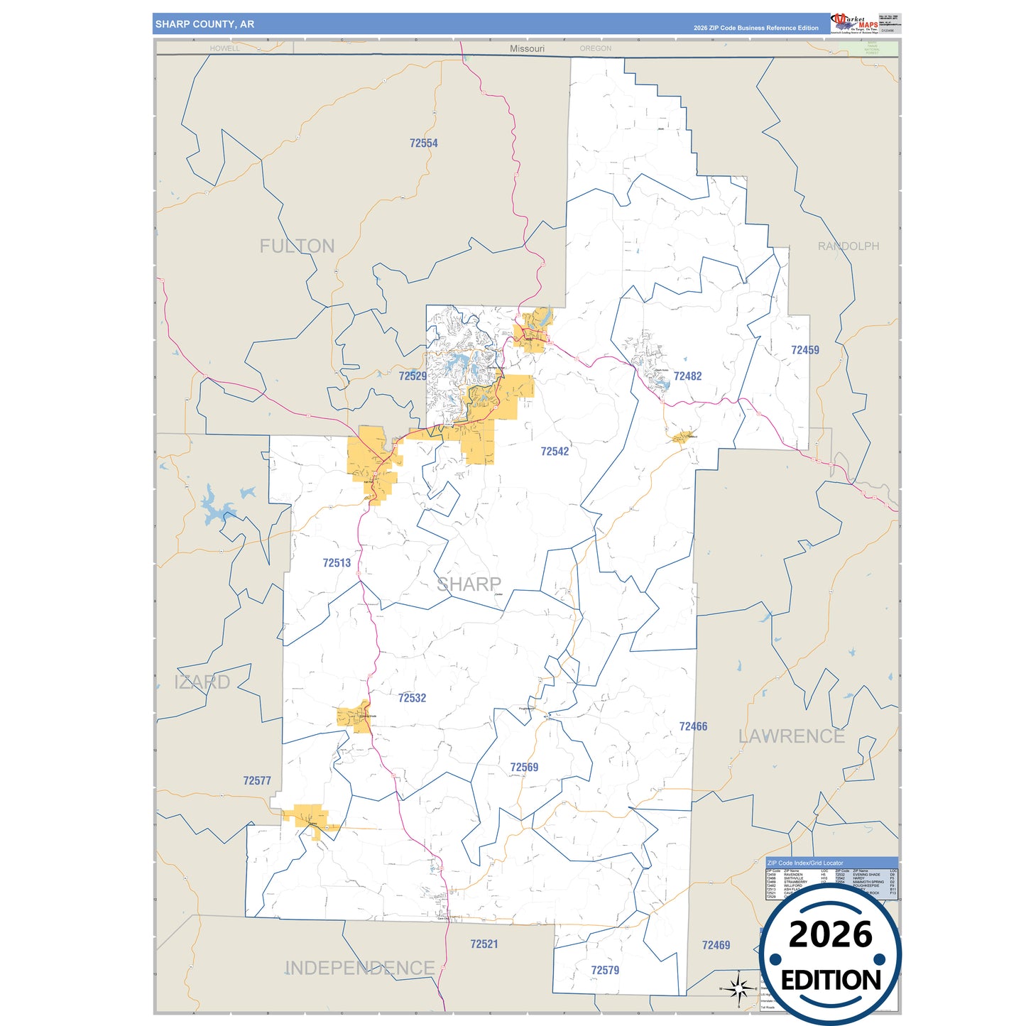 Sharp County, AR Business Reference 5 Digit ZIP Code Wall Map