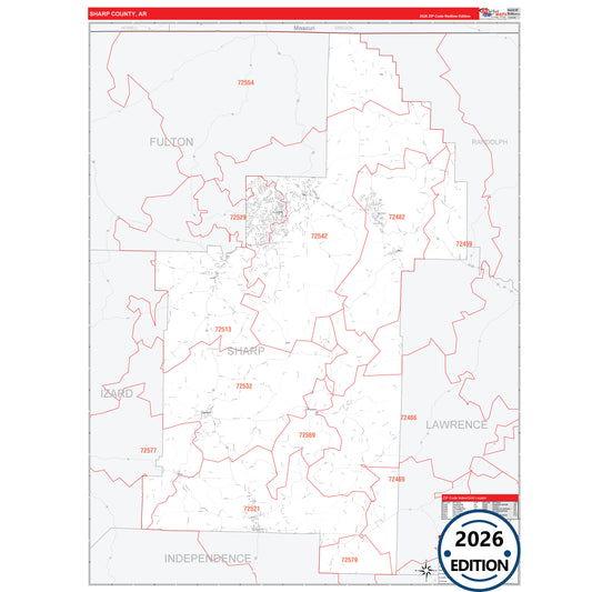 Sharp County, AR Red Line 5 Digit ZIP Code Wall Map