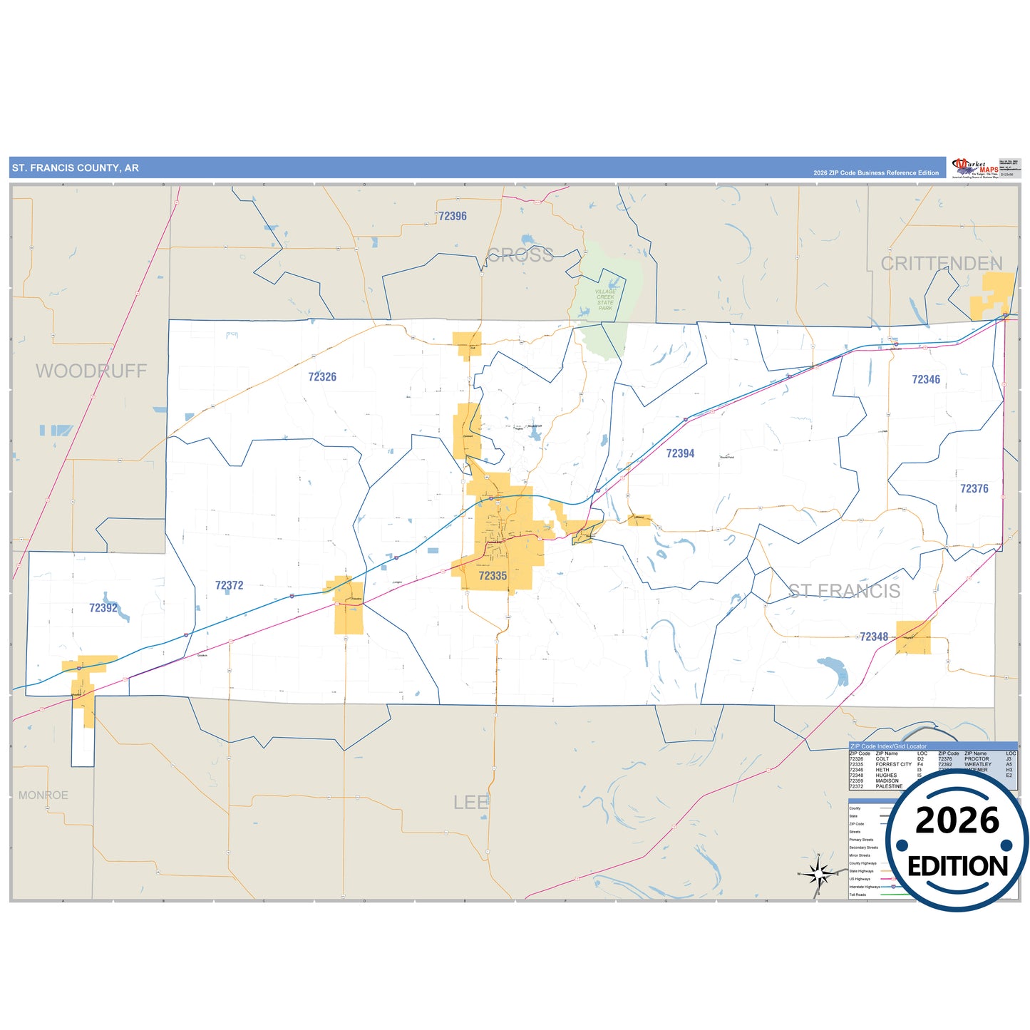 St. Francis County, AR Business Reference 5 Digit ZIP Code Wall Map
