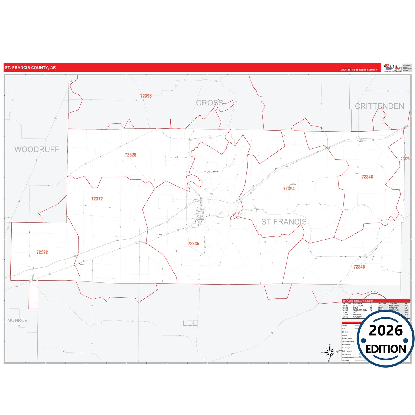 St. Francis County, AR Red Line 5 Digit ZIP Code Wall Map