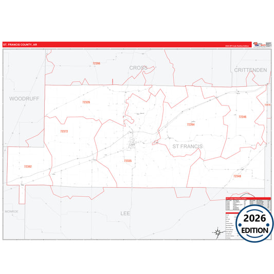 St. Francis County, AR Red Line 5 Digit ZIP Code Wall Map