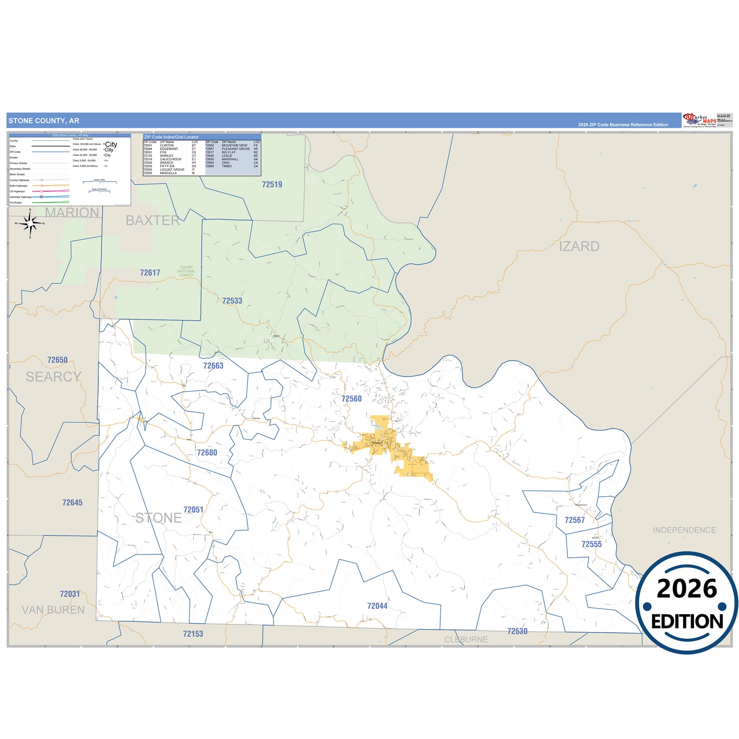Stone County, AR Business Reference 5 Digit ZIP Code Wall Map