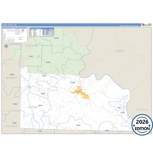 Stone County, AR Business Reference 5 Digit ZIP Code Wall Map
