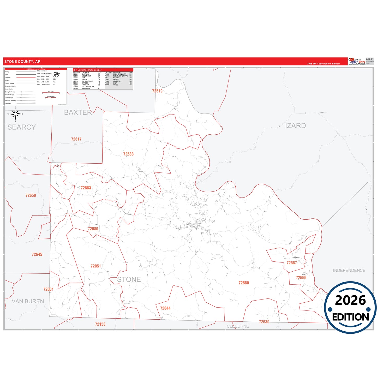 Stone County, AR Red Line 5 Digit ZIP Code Wall Map