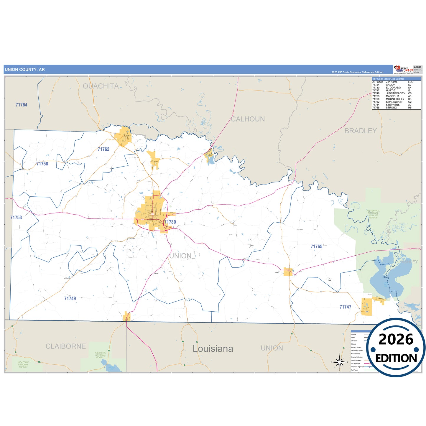 Union County, AR Business Reference 5 Digit ZIP Code Wall Map