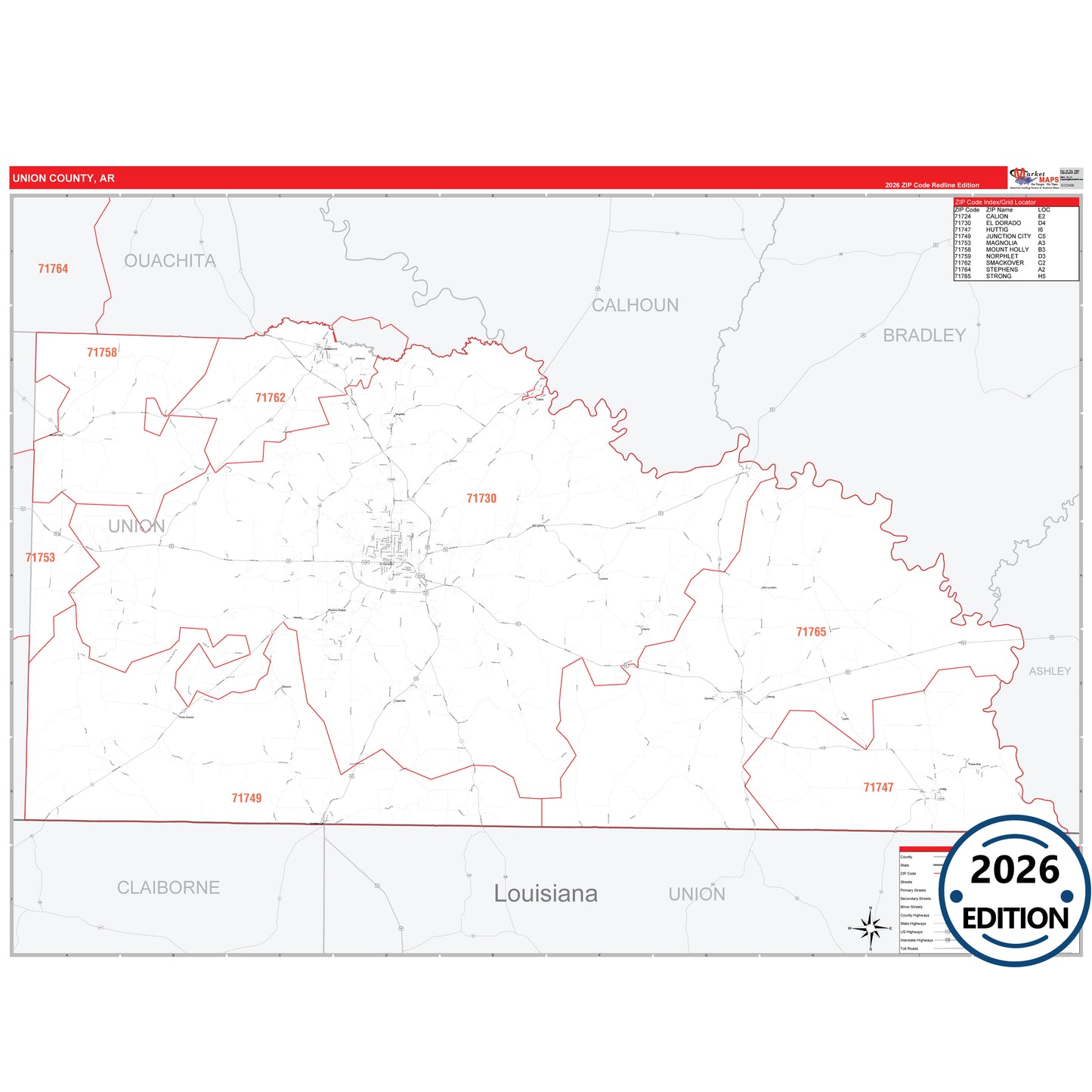 Union County, AR Red Line 5 Digit ZIP Code Wall Map