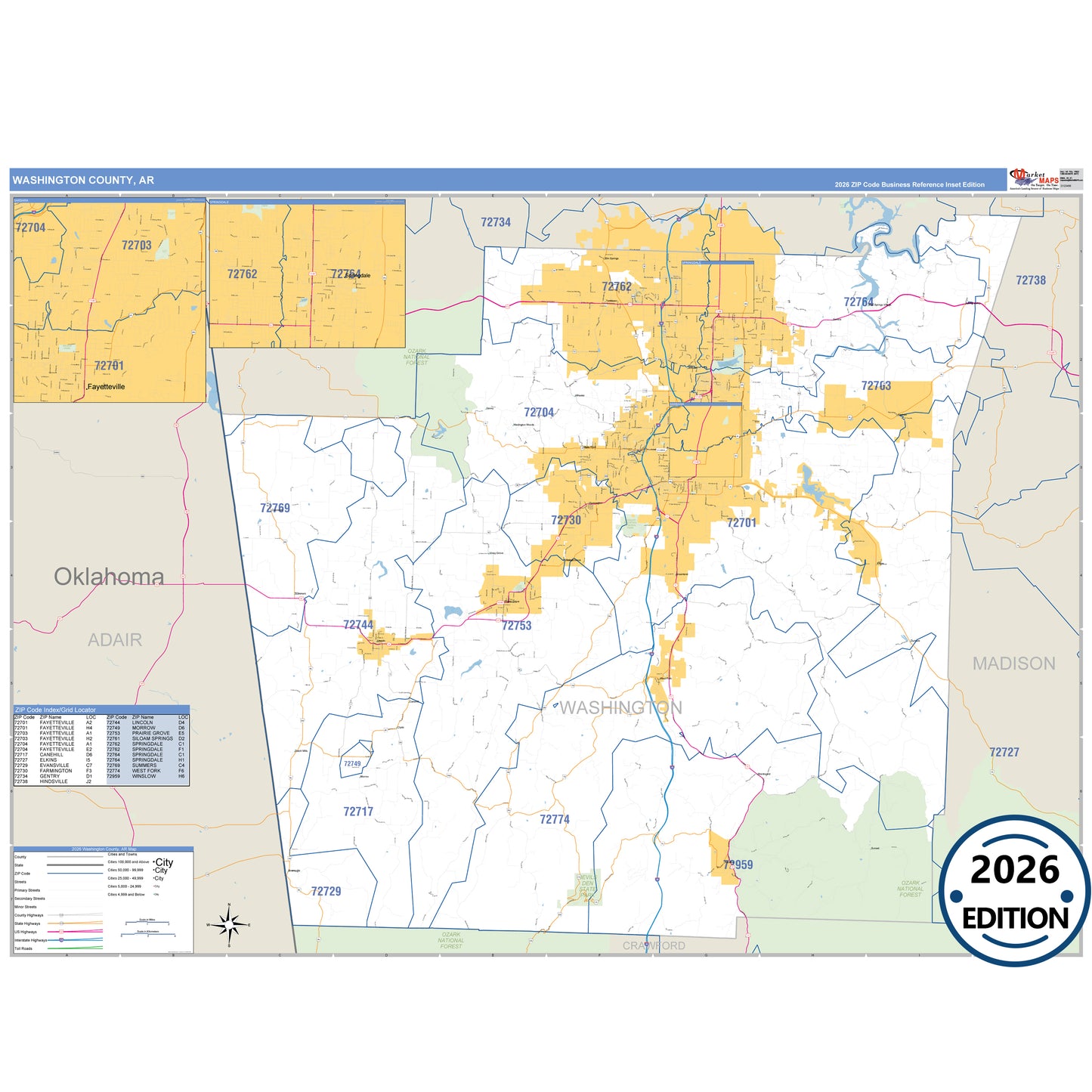 Washington County, AR Business Reference 5 Digit ZIP Code Wall Map