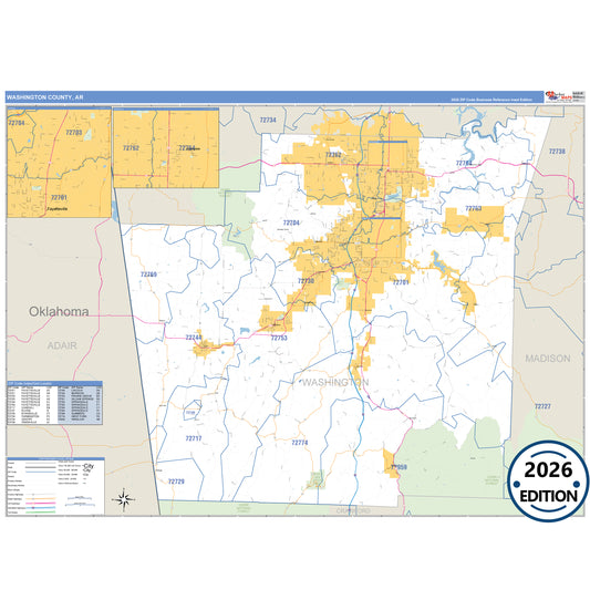 Washington County, AR Business Reference 5 Digit ZIP Code Wall Map