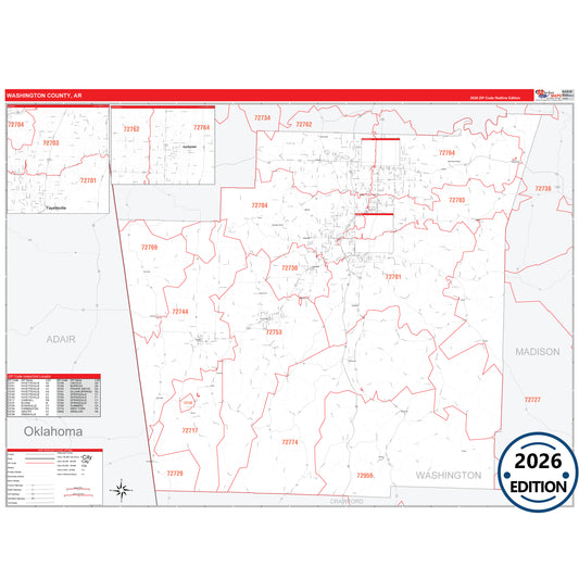 Washington County, AR Red Line 5 Digit ZIP Code Wall Map