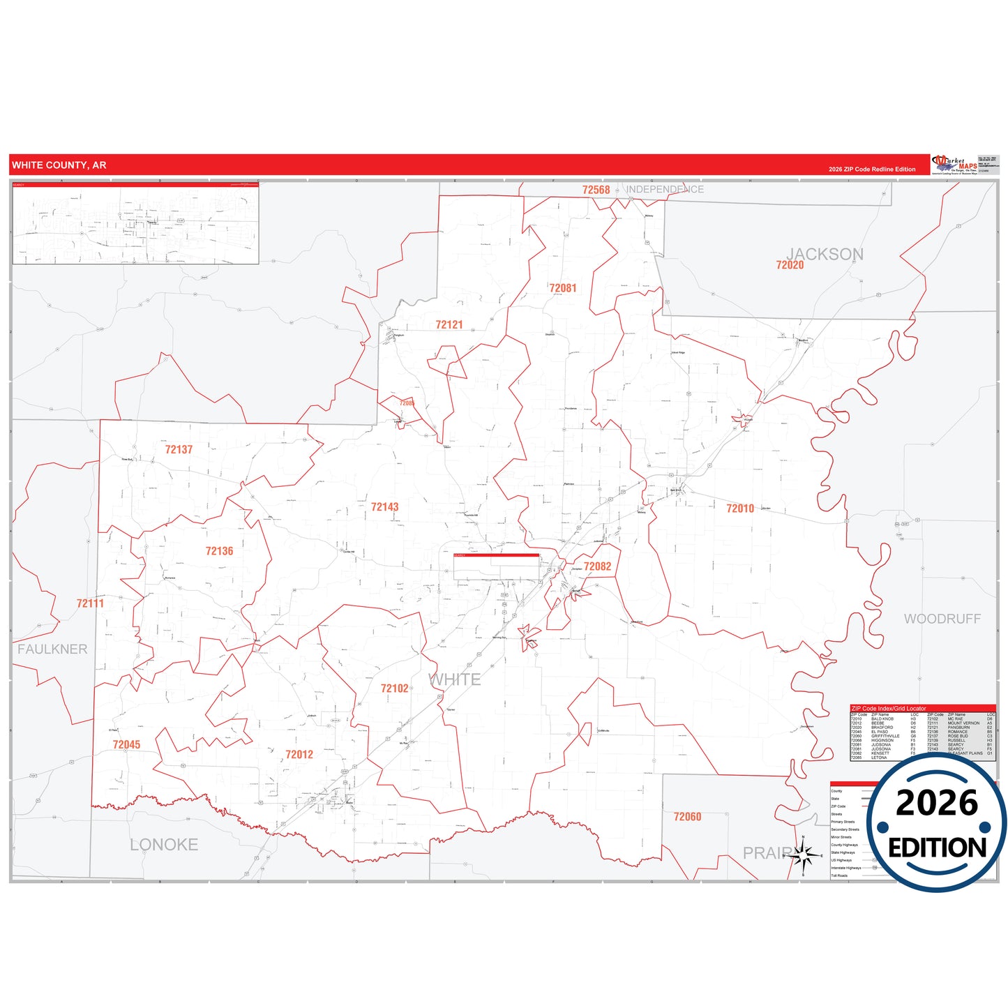 White County, AR Red Line 5 Digit ZIP Code Wall Map