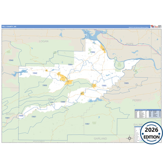 Yell County, AR Business Reference 5 Digit ZIP Code Wall Map