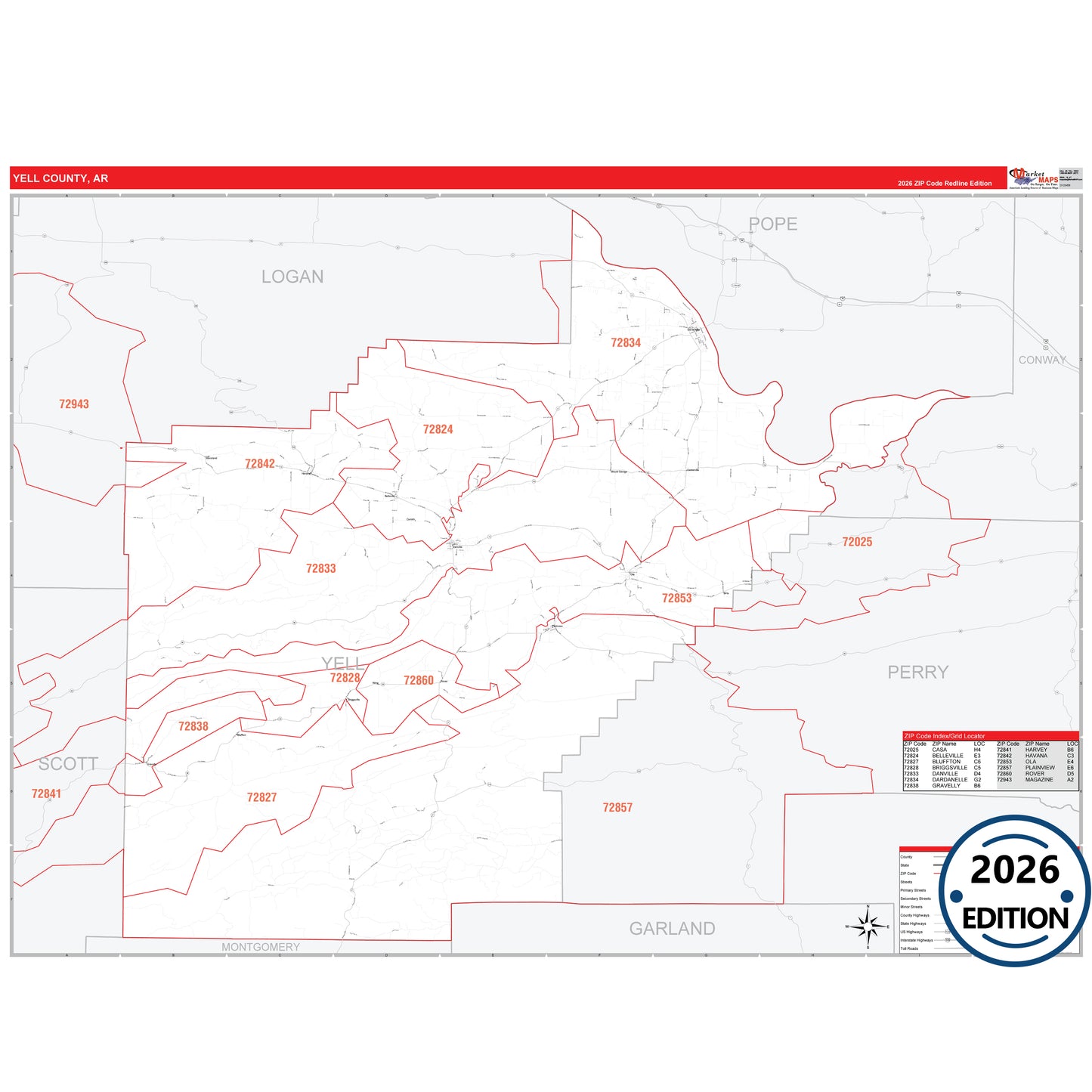 Yell County, AR Red Line 5 Digit ZIP Code Wall Map