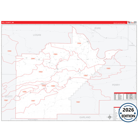Yell County, AR Red Line 5 Digit ZIP Code Wall Map