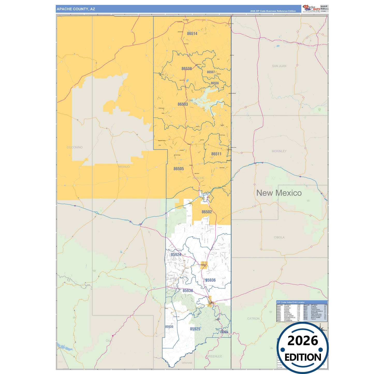 Apache County, AZ Business Reference 5 Digit ZIP Code Wall Map