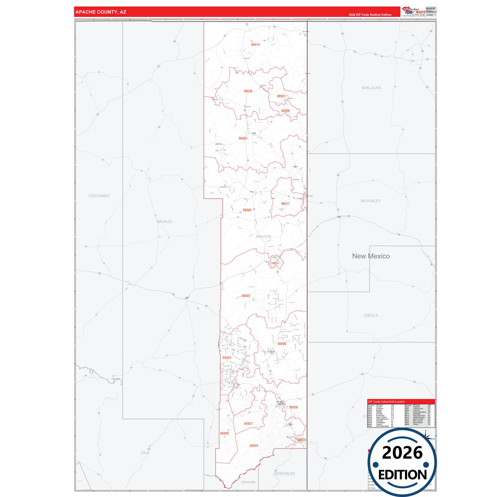 Apache County, AZ Red Line map with detailed roads, cities, and ZIP code boundaries.