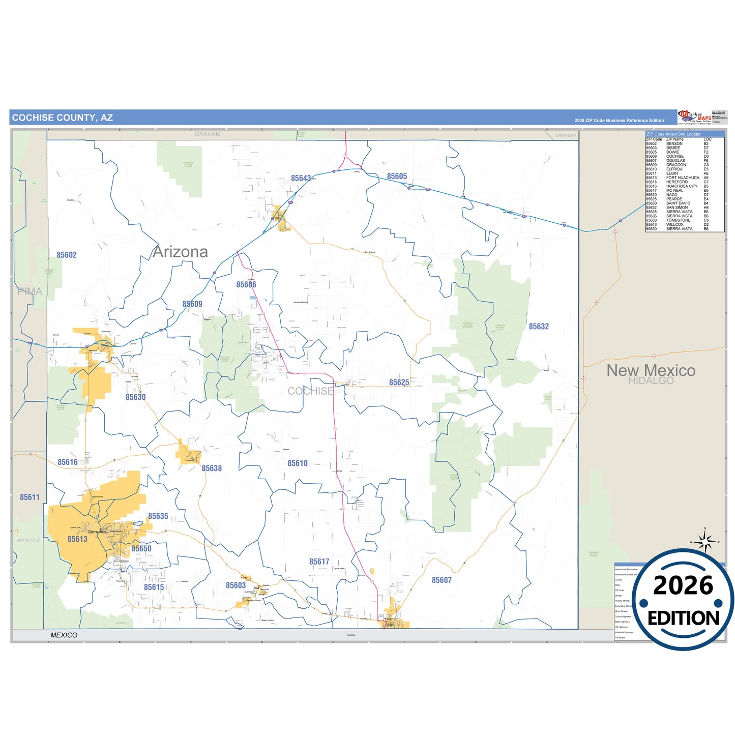 Cochise County, AZ Business Reference 5 Digit ZIP Code Wall Map