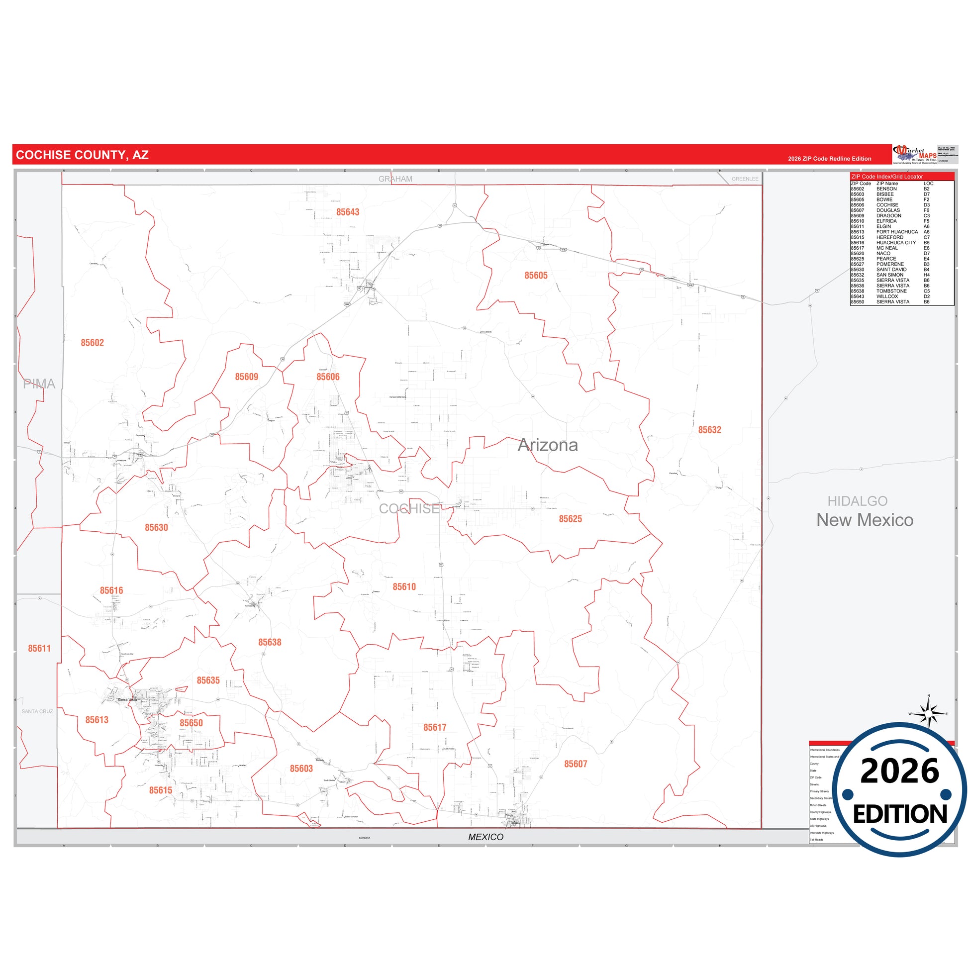 Cochise County, AZ Red Line map with detailed roads, cities, and ZIP code boundaries.