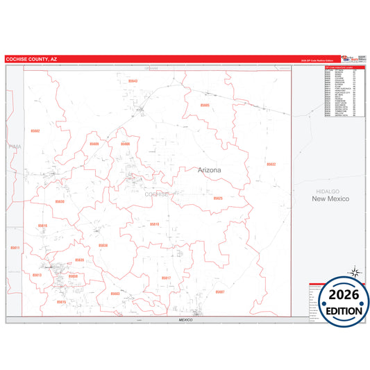 Cochise County, AZ Red Line map with detailed roads, cities, and ZIP code boundaries.