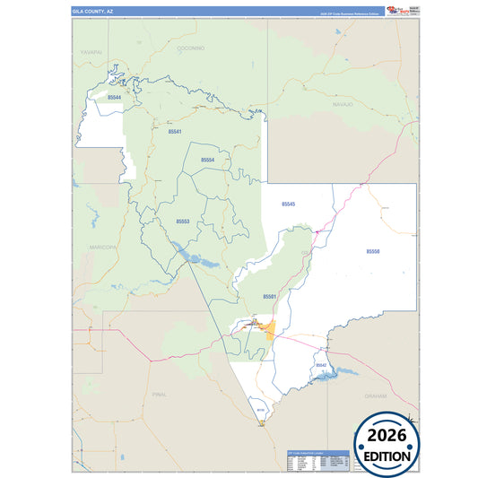 Gila County, AZ Business Reference 5 Digit ZIP Code Wall Map