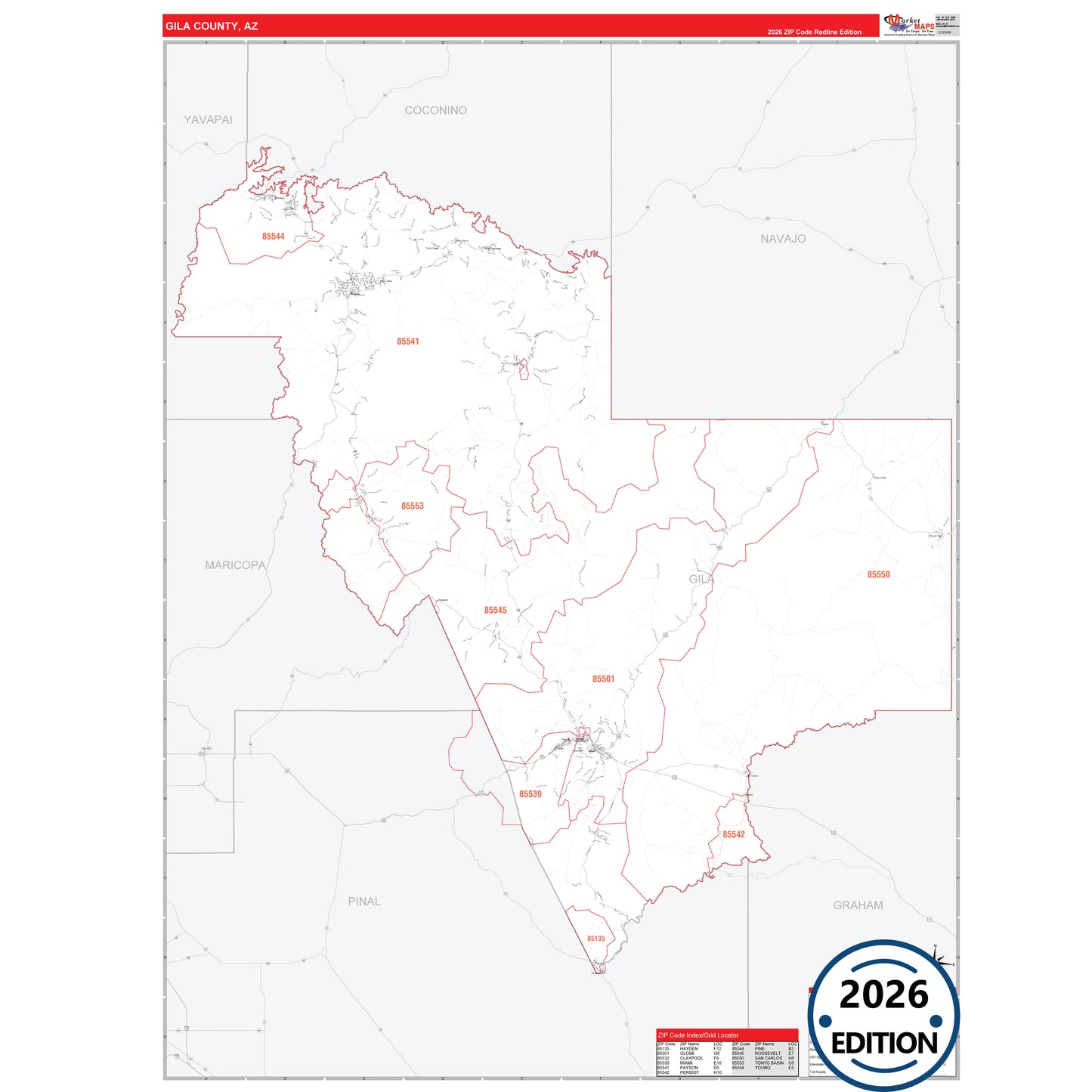 Gila County, AZ Red Line map with detailed roads, cities, and ZIP code boundaries.