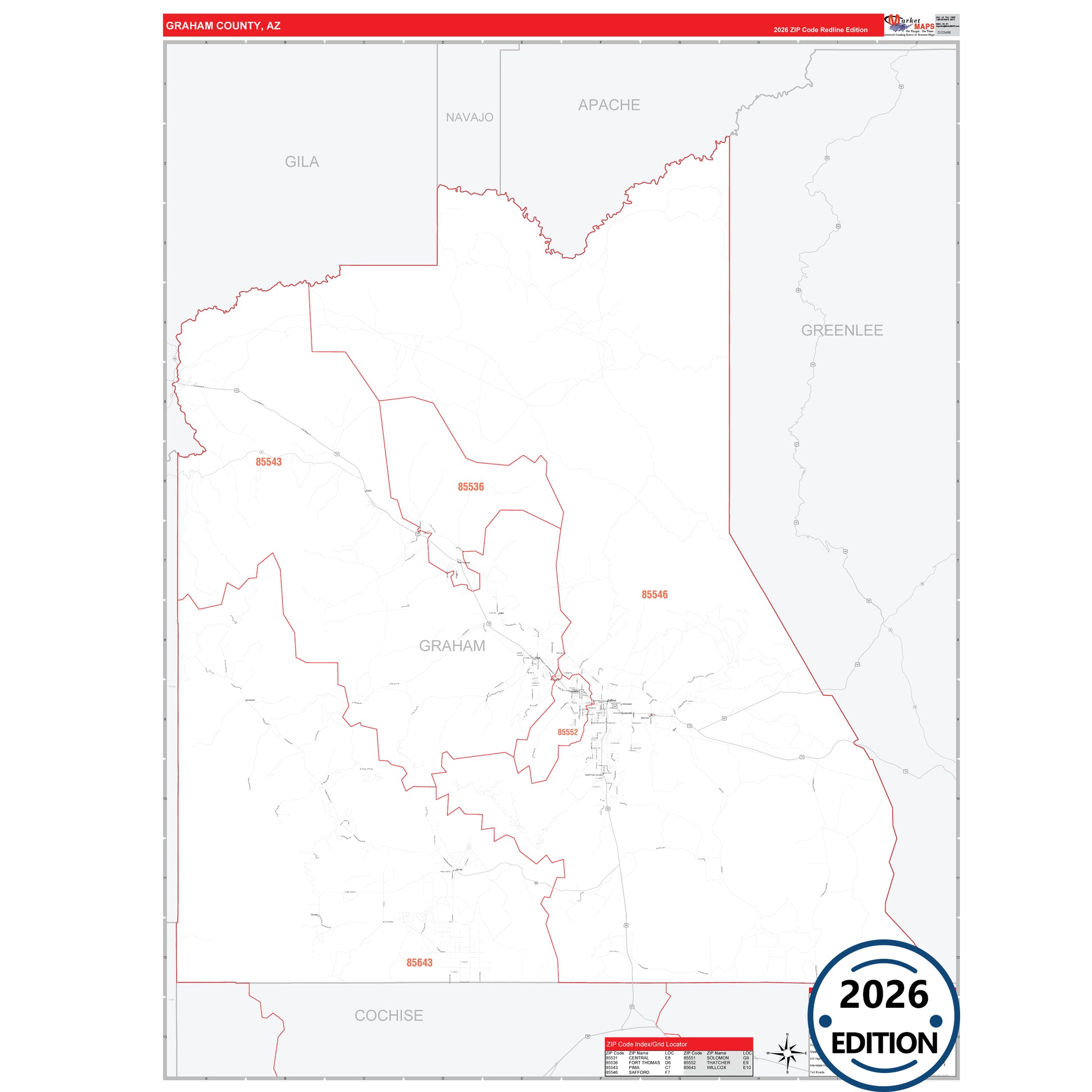 Graham County, AZ Red Line map with detailed roads, cities, and ZIP code boundaries.