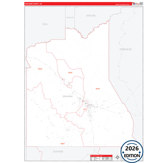 Graham County, AZ Red Line map with detailed roads, cities, and ZIP code boundaries.