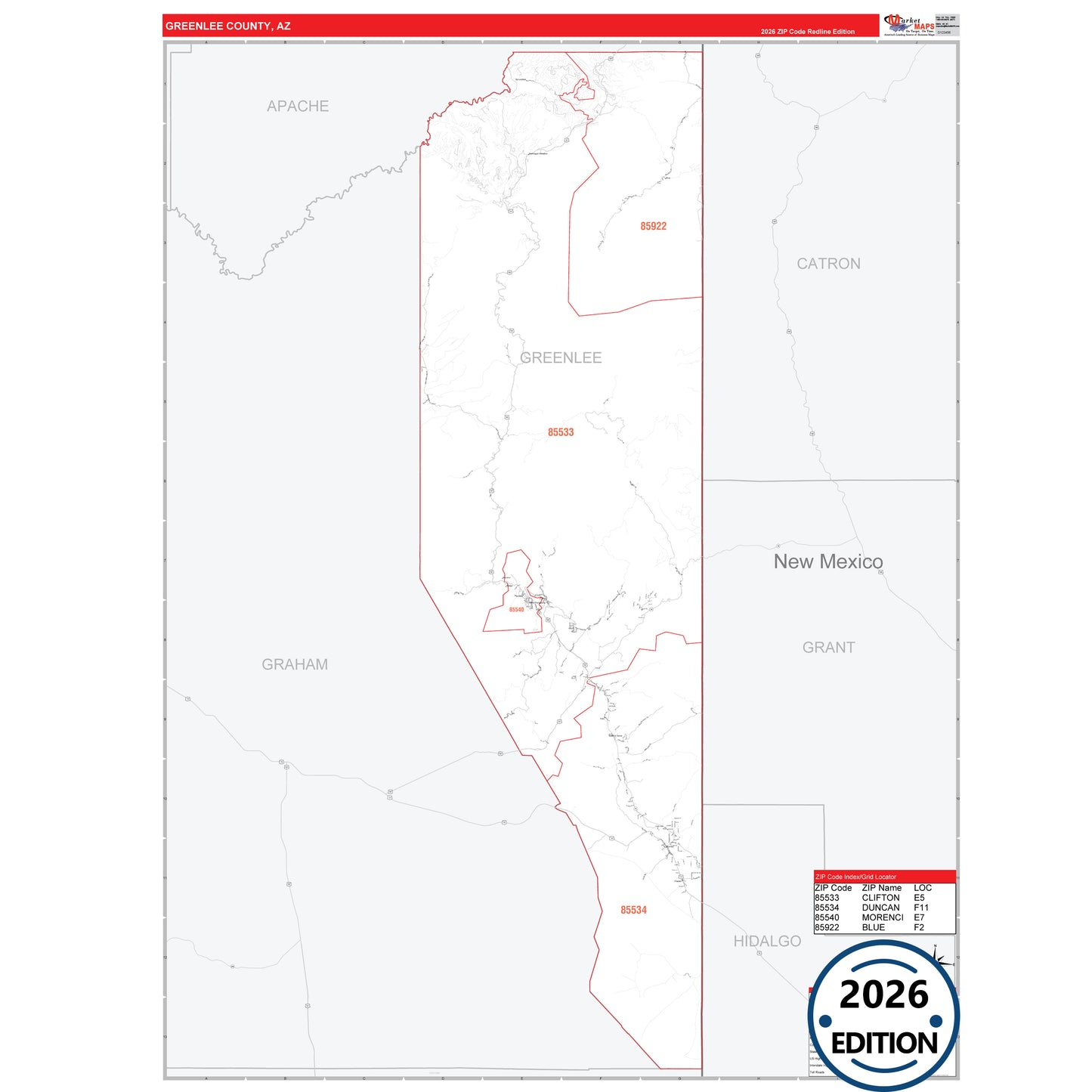 Greenlee County, AZ Red Line 5 Digit ZIP Code Wall Map