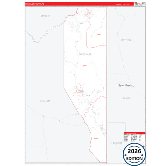 Greenlee County, AZ Red Line 5 Digit ZIP Code Wall Map